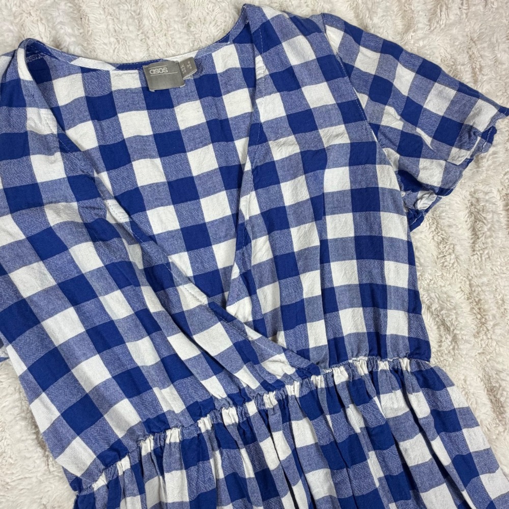 ASOS Swim Blue White Gingham Check Wrap V-Neck Beach Dress Cover Up 4